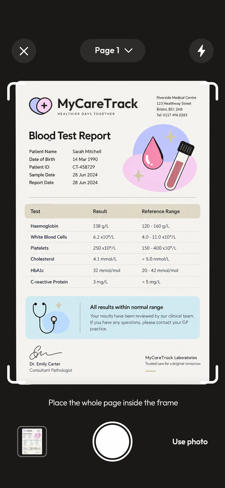 MyCareTrack camera screen scanning a blood test report.