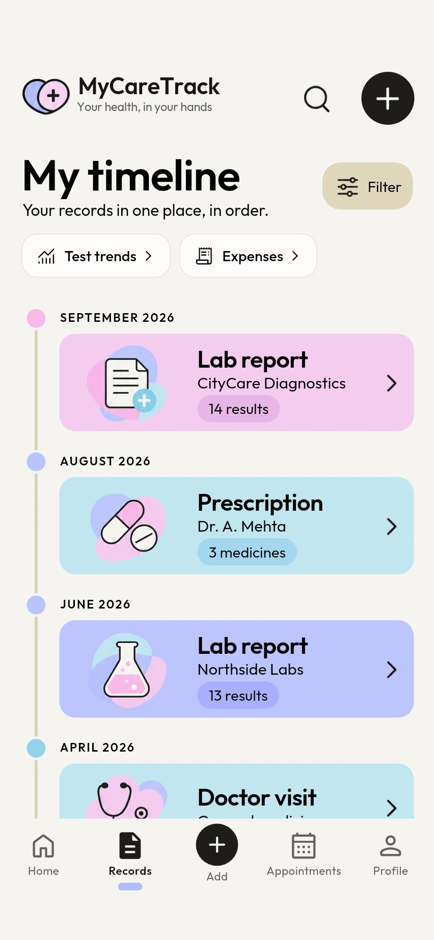 MyCareTrack timeline: lab reports, a prescription and a doctor visit in date order.