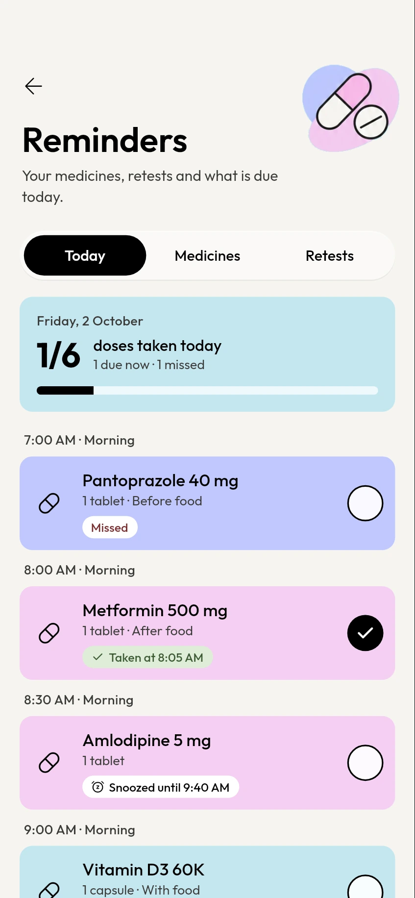MyCareTrack Reminders screen: today's medicine doses with times and food notes, a progress bar and a Taken tick on each dose.